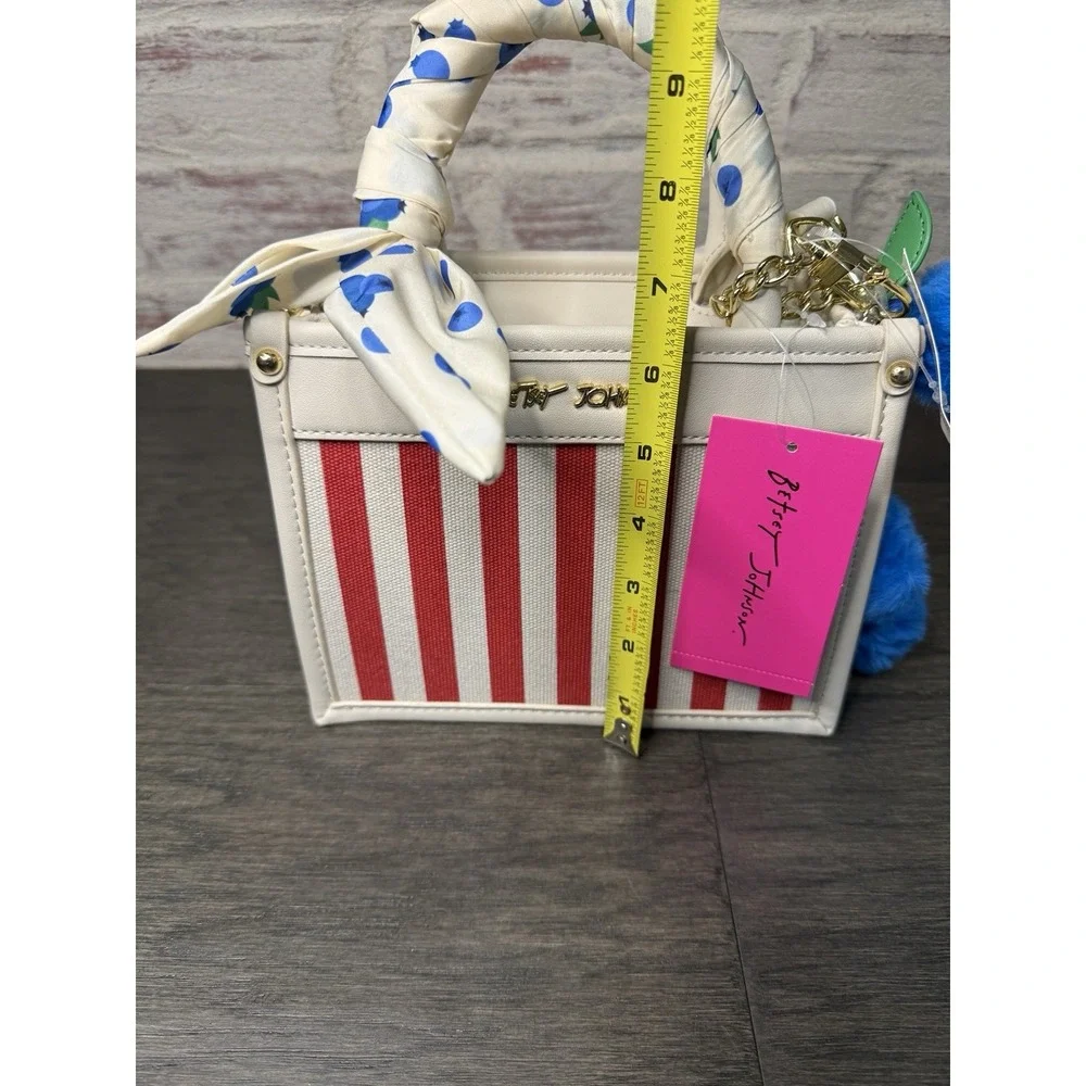 Betsey Johnson NWT Red White Stripe Blueberry Pom Pom Satchel Crossbody Bag